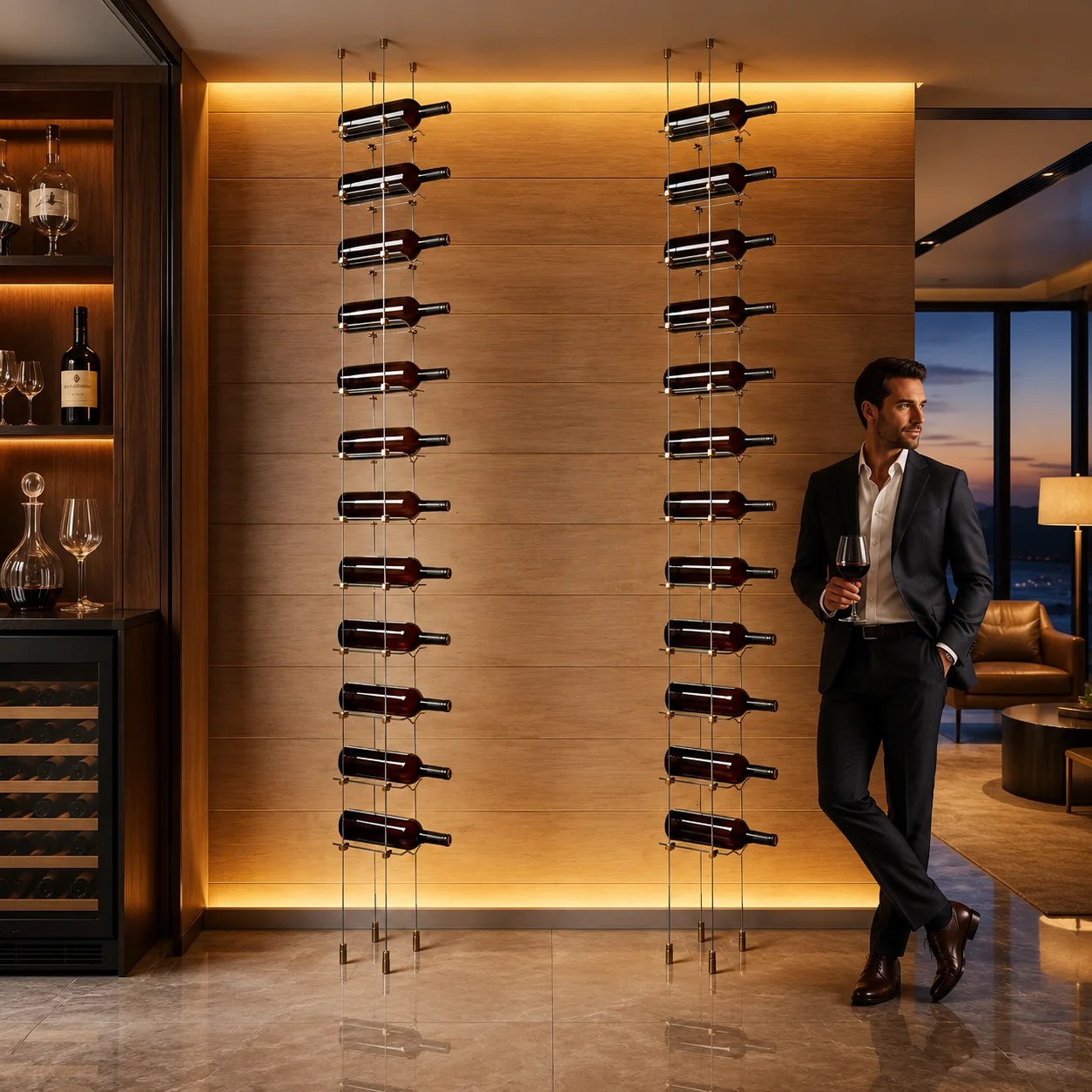 Custom Stainless Steel Cable Bottle Display Rack for Luxury Villa Wine Cabinet, Wholesale 100% Inspection Factory