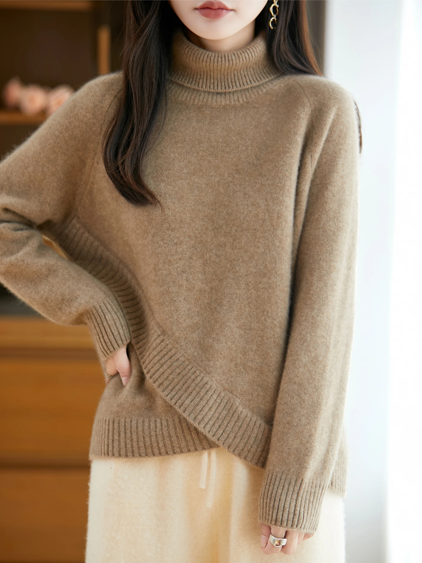 

100% Merino Wool Sweater Women Turtleneck Pullover Irregular Hem Knitwear Female Casual Fashion Autumn Winter Thick Top Clothes