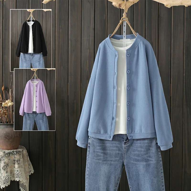 

Loose Batwing Sleeve Short Jacket Women's Fashionable Pure Color Stand Collar Single Button Cotton Coat for Autumn