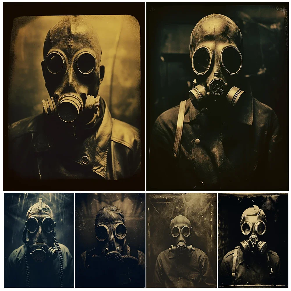 People Wearing Gas Masks Vintage Photography Wall Art Horror Pictures Canvas Painting,Biological Warfare Art Poster Print Decor