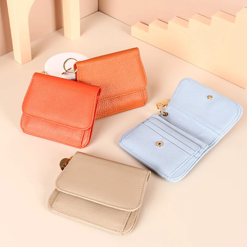 Western Cowhide Leather Pure Colors RFID Blocking Small Women Wallet Multi-function Coin Purse