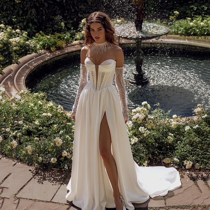 

Eightree Boho Princess Wedding Dresses Sweetheart A-Line Split Bridal Dress Without Gloves Simple Wedding Prom Gowns Customized