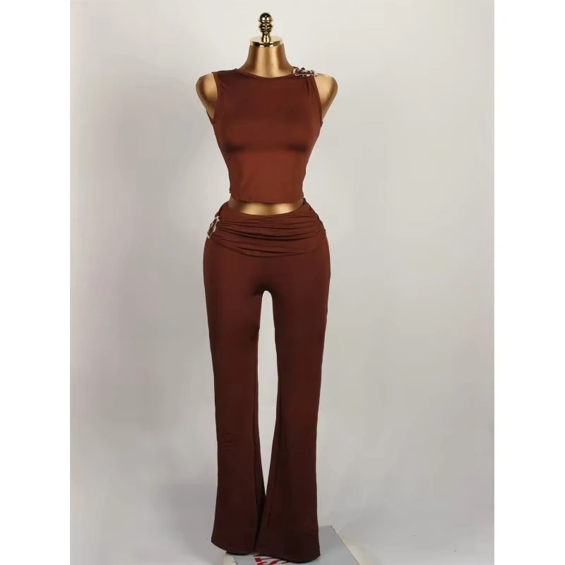 Bodycon 2 Pieces Set For Woman Slim Two Piece Outfits Pleated Long Pants Sleeveless Solid Color Simple Style All-match Commuting