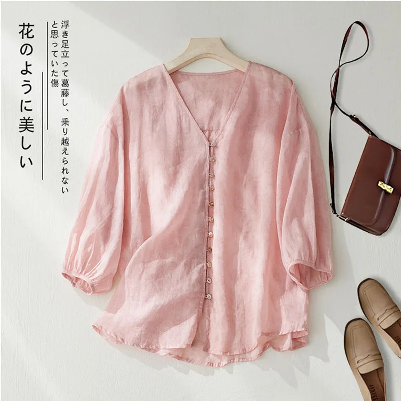 

2025 Summer New Cotton Linen Women Shirt V-neck 3/4 Sleeve Casual Flower Printing Blouse Versatile Single Breasted Top