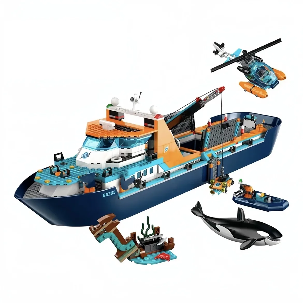 Arctic Explorer Ship Compatible 60368 Building Block Toys Floatable Boat Helicopter ROV Sub Orca Bricks Gifts for Boys Girls