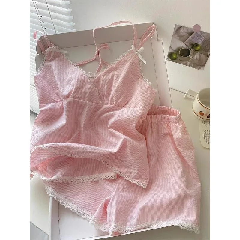

Lace Sleepwear Women Pajama Sets Striped Korean Piiama Summer Shorts Sets 2 Pieces Spaghetti Strap Night Wears Pink Home Suit