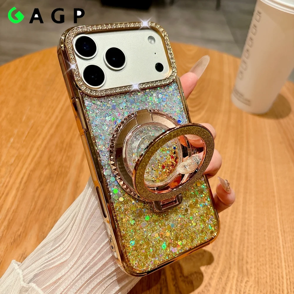 

Для iphone17 Роскошный чехол-подставка с кронштейном «Зыбучий песок» и градиентом для iPhone 17 16 15 14 13 Pro Max Air Glitter Diamond Cover