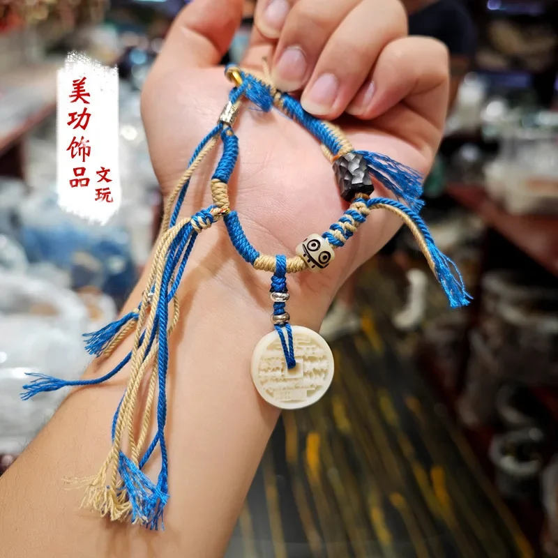 Pulsera de cuerda hecha a mano, artículo de entretenimiento, pulsera con borla, colgante de monedas antiguas, adorno de cuentas de ébano Duobao