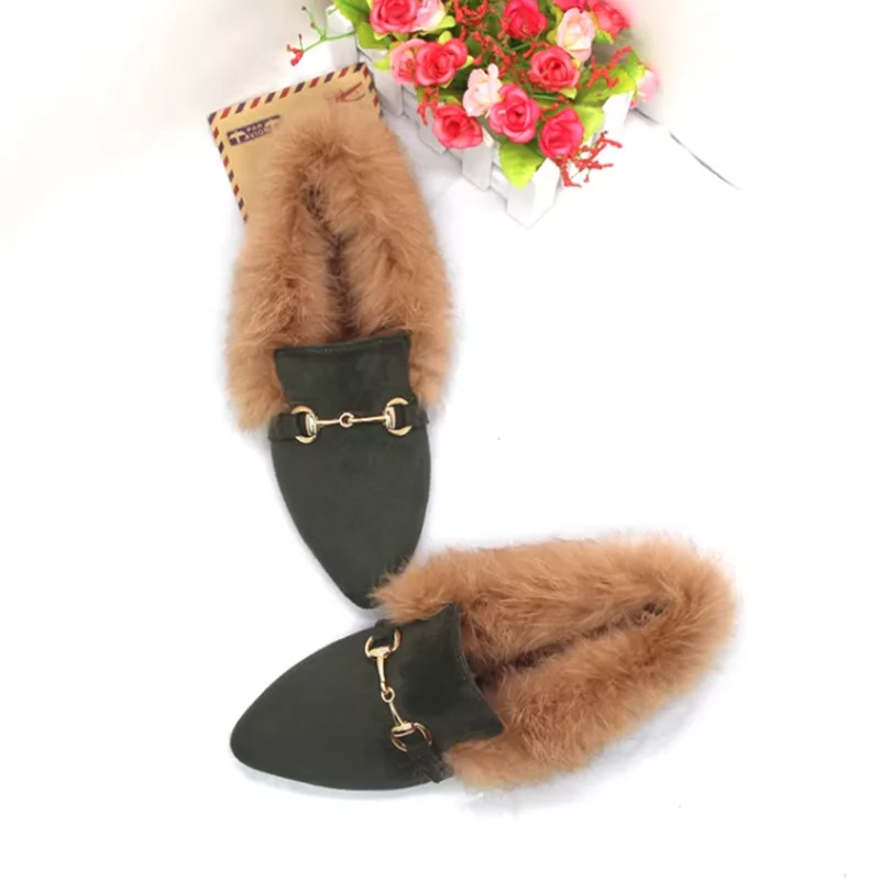 Women Winter Metal Chain Slip-On Grey Yellow Choice Short Plush Shoes For Big And Small Feet 32-45 21cm Warm Cute Fur Chaussure