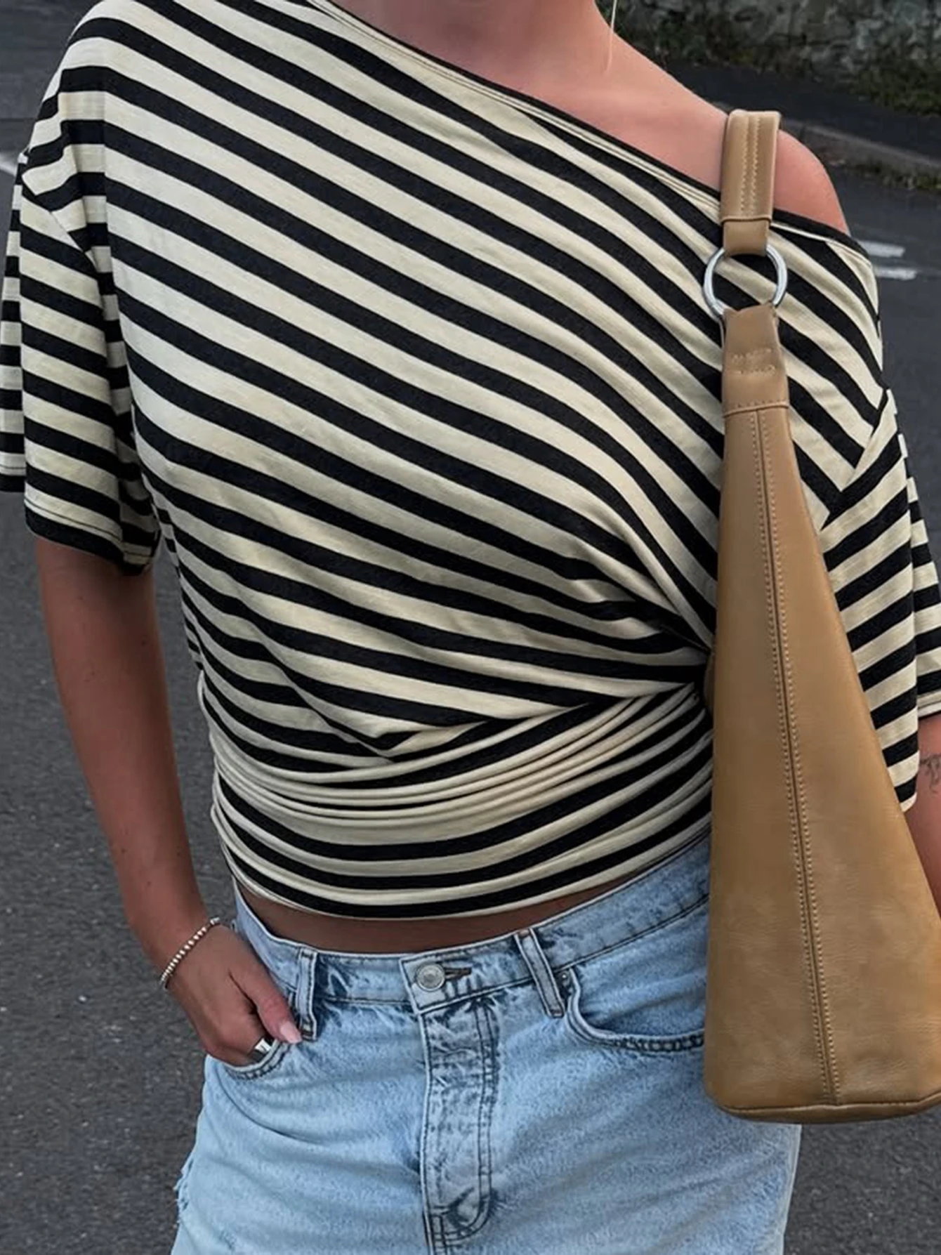 Dulzura Summer Fashion Inclined Shoulder Short Sleeves Slim Fit Striped T-Shirt… - Image 2