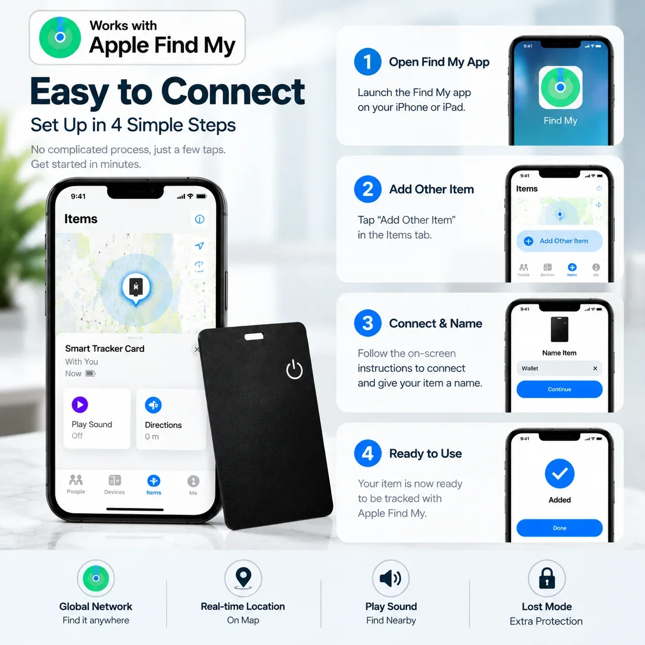 MFi Wallet Tracker Card, Find My Tracker, Slim Rechargeable Bluetooth Item Finder, Tracking Card for iPhone, Purse, Luggage