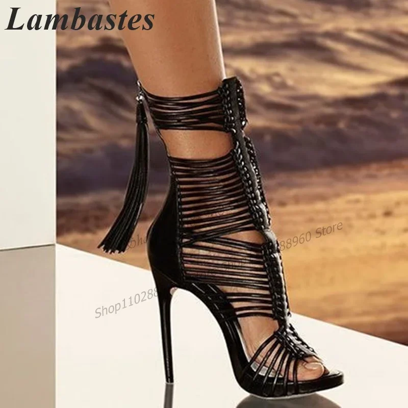 

Sexy Style Black Narrow Band Fringe Decor Sandals Thin High Heel Women Shoes Back Zipper Open Toe 2023 Fashion Zapatillas Mujer