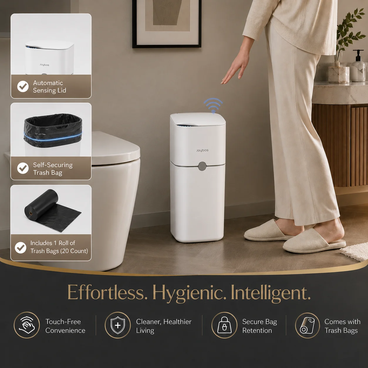 JOYBOS Touchless Trash Can with Motion Sensor & Auto Bag-Suction System, Hands-Free Operation Suitable for Small Spaces, Compact Waste Bin with Press-to-Open Lid, ABS/Polypropylene Garbage Pail, RV, Narrow Corners, RV Essentials
