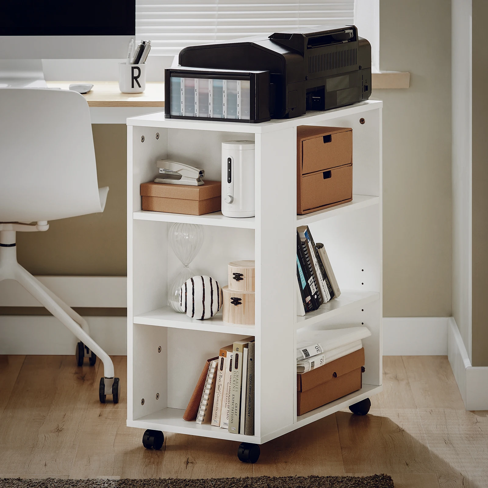 SoBuy FBT68-W Table d'impression avec 7 étagères, armoire à roulettes, chariot de bureau, chariot latéral, armoire à dossiers, blanc, dimensions env. LxlxH. 60x75x35cm
