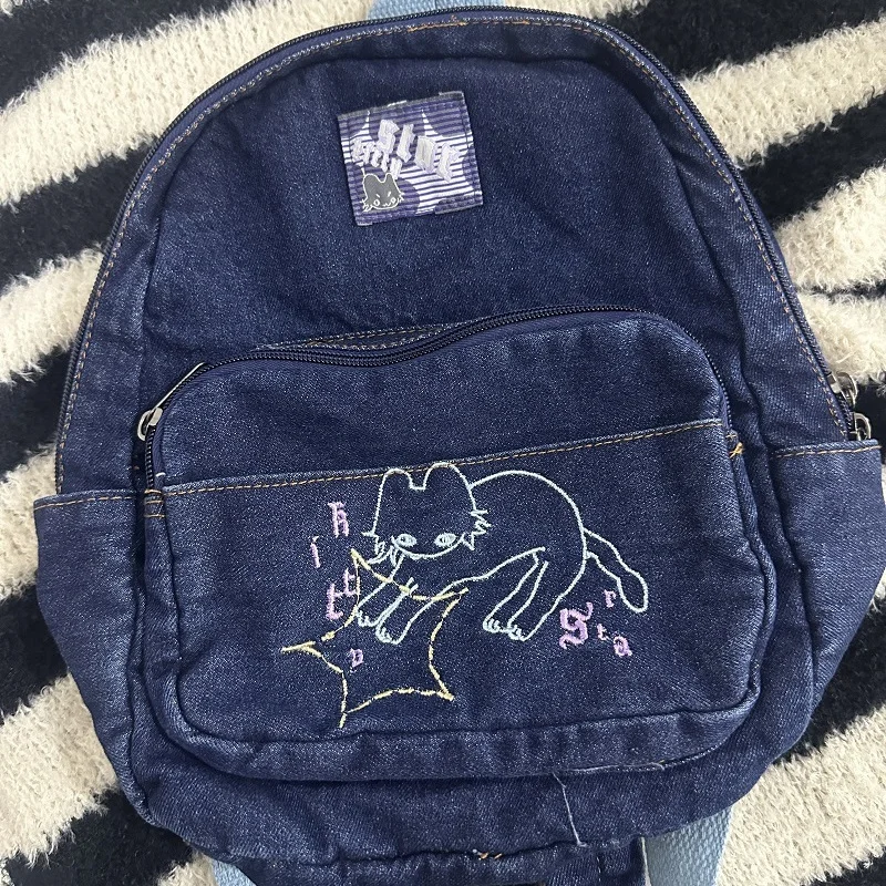 Zaino in Denim piccolo alla moda borsa da scuola per gatti Kawaii Mini zainetto carino zaini blu intenso borse per libri Preppy giapponesi estetici