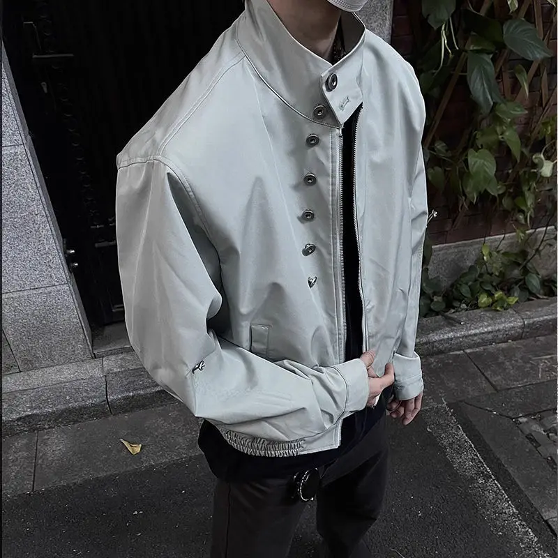 Autumn Winter New Men's Young Style Single-breasted Stand Collar Spliced Zipper Pockets Trendy Loose Long Sleeve Casual Jackets