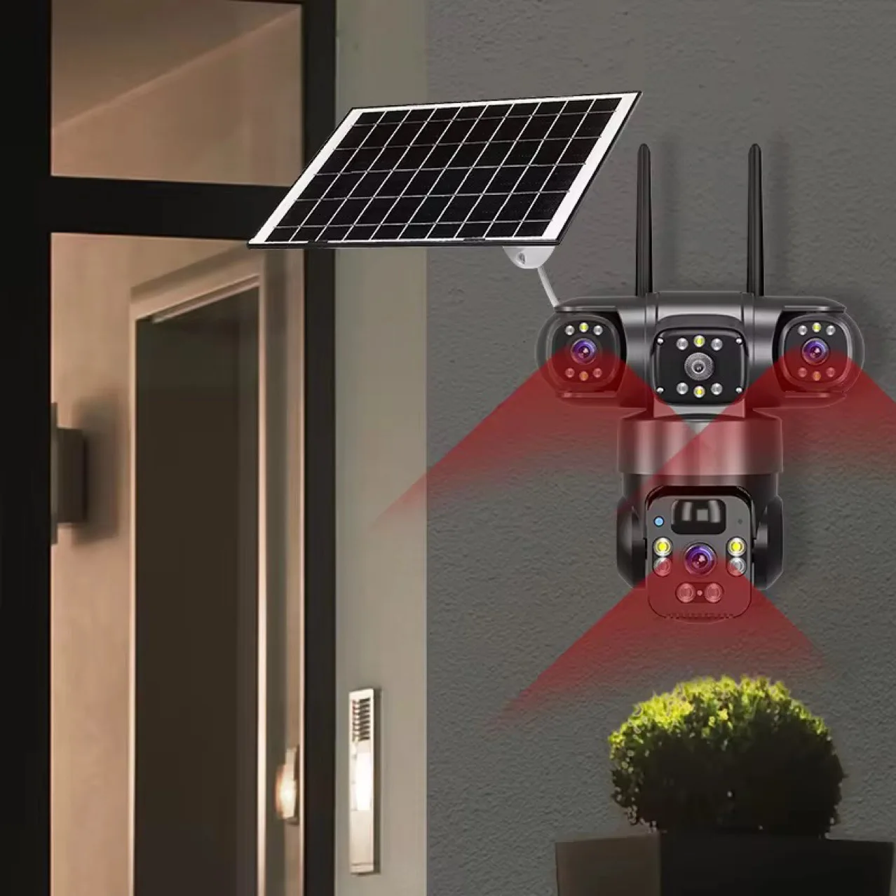 

V380 Настоящая трехобъективная трехэкранная солнечная беспроводная камера 4G с малой мощностью аккумулятора Водонепроницаемый мониторинг дождя