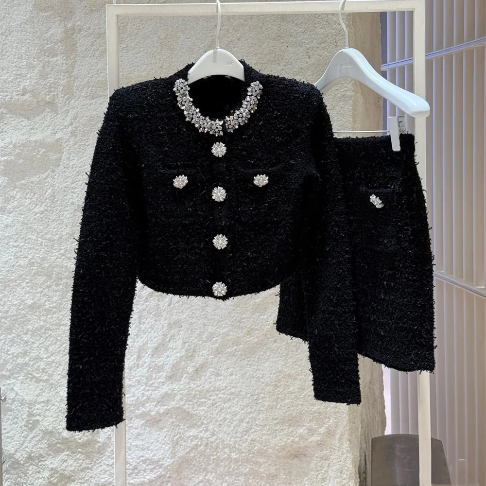 High-End Version Classic Black Diamond Decorated Knitted Top Coat Cardigan Half Skirt Set Luxury Style Short Length High Waist