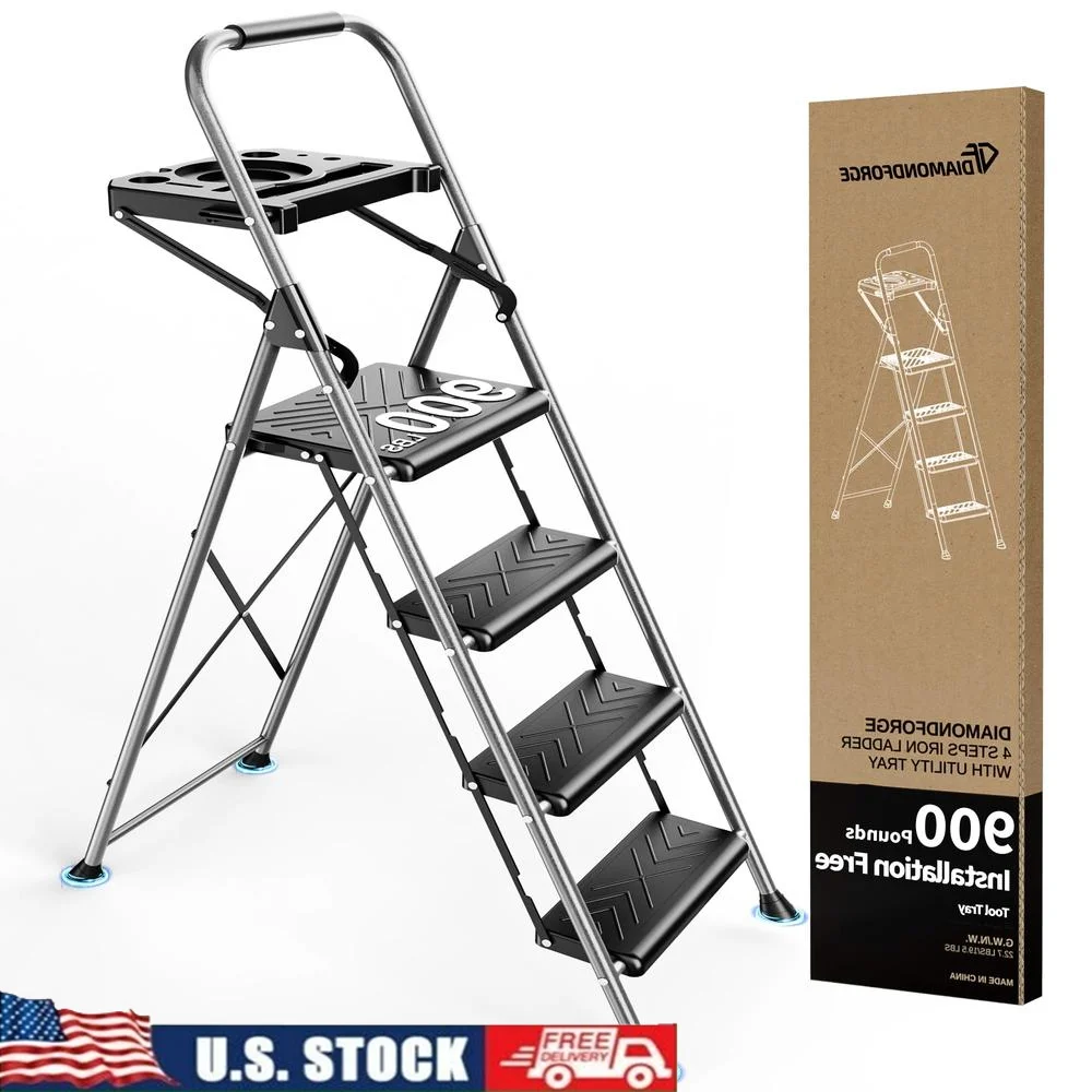 4 Step Ladder Tool Tray Oversized Platform Anti-Slip Feet Sturdy Steel Construction 900lbs Safety Upgrade Portable Space Saving