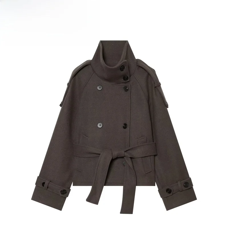 Soft Outerwear Double-Breasted Belted Elegant Versatile Women's Fashion Autumn 2026 Standard Fit Long Sleeve Polyester Fiber