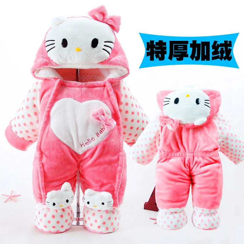 HelloKitty-Macacões de inverno do bebê Mickey Mouse, macacão fofo quente para bebês, roupas Onesies com chapéu, pijamas infantis, meninos e meninas