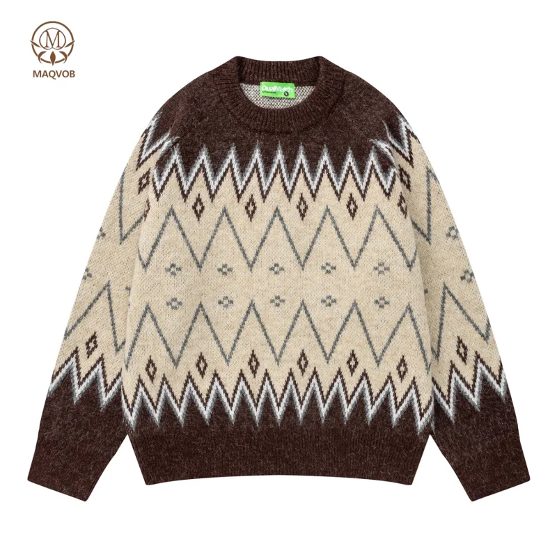MAQVOB Vintage Ethnic Diamond Jacquard Round Neck Sweater Autumn Winter Travel Holiday Outdoor Unisex Cable Knit Sweater