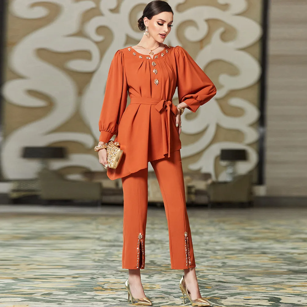 Moda agasalho muçulmano feminino manga longa blusa abaya ternos diamantes islam roupas conjuntos de correspondência 2 pçs ramadan topos calças terno