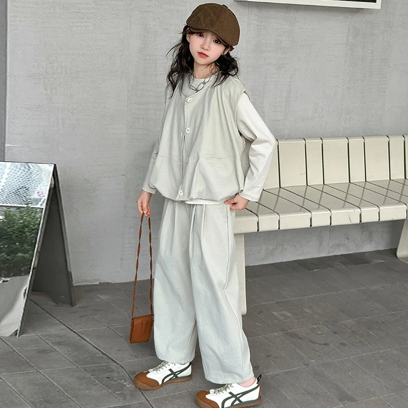 Three-piece SetCotton Vest T-shirt Wide-leg Pants Grils Children Spring Autumn New Fashionable Korean Loose Casual