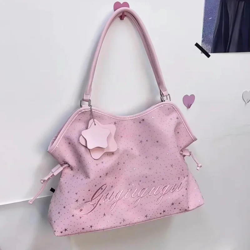 

Модная сумка-тоут Y2K с блестящим принтом в виде звезд и букв, большая вместительная холщовая сумка для девушек, повседневная сумка через плечо для колледжа и поездок на работу