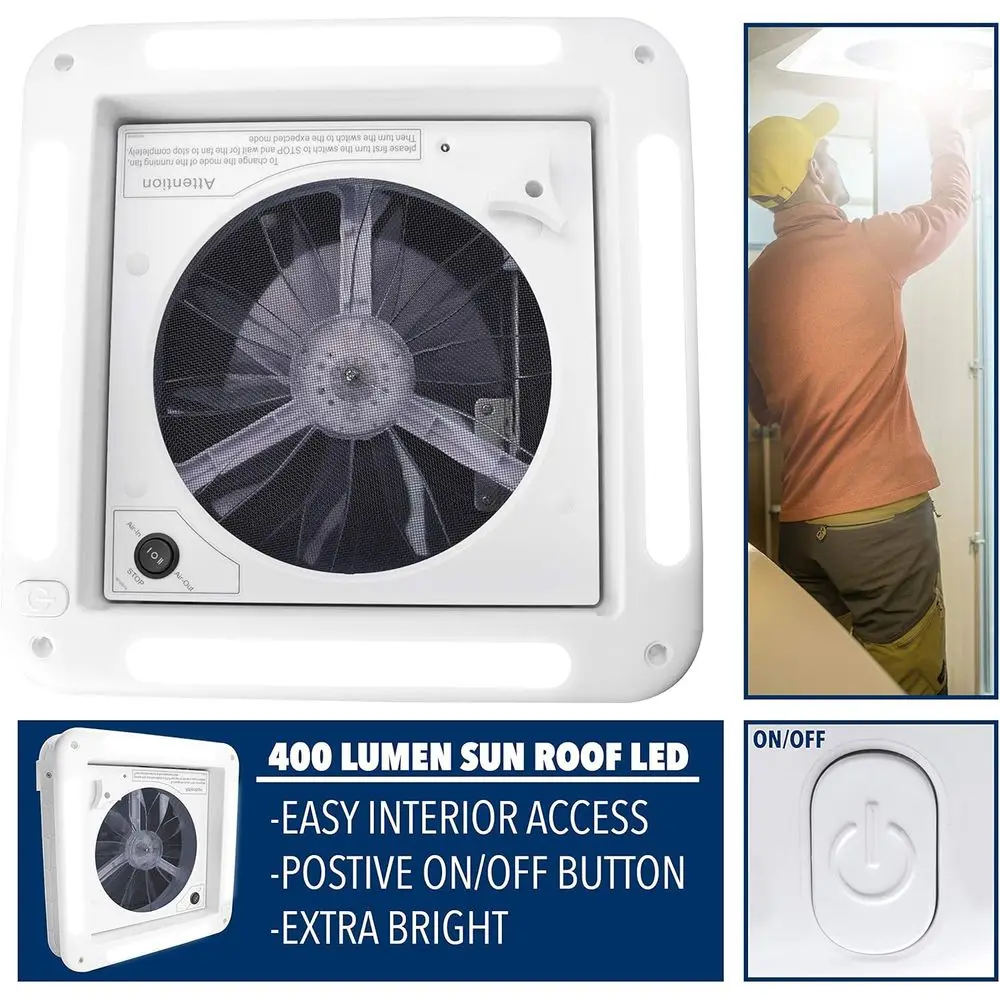 11" x 11" RV Roof Vent Fan With LED Light 12V Manual Riser Reversible Manual Lift with Smoked Lid view 4