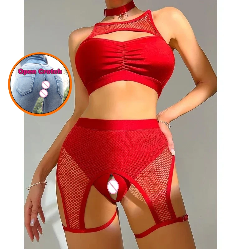Sexy con apertura sul cavallo Body in rete Bikini Set Party Pole Lingerie erotica Donna Nightclub Bar Dj Costumi sexy Gogo Ballerini Trascina