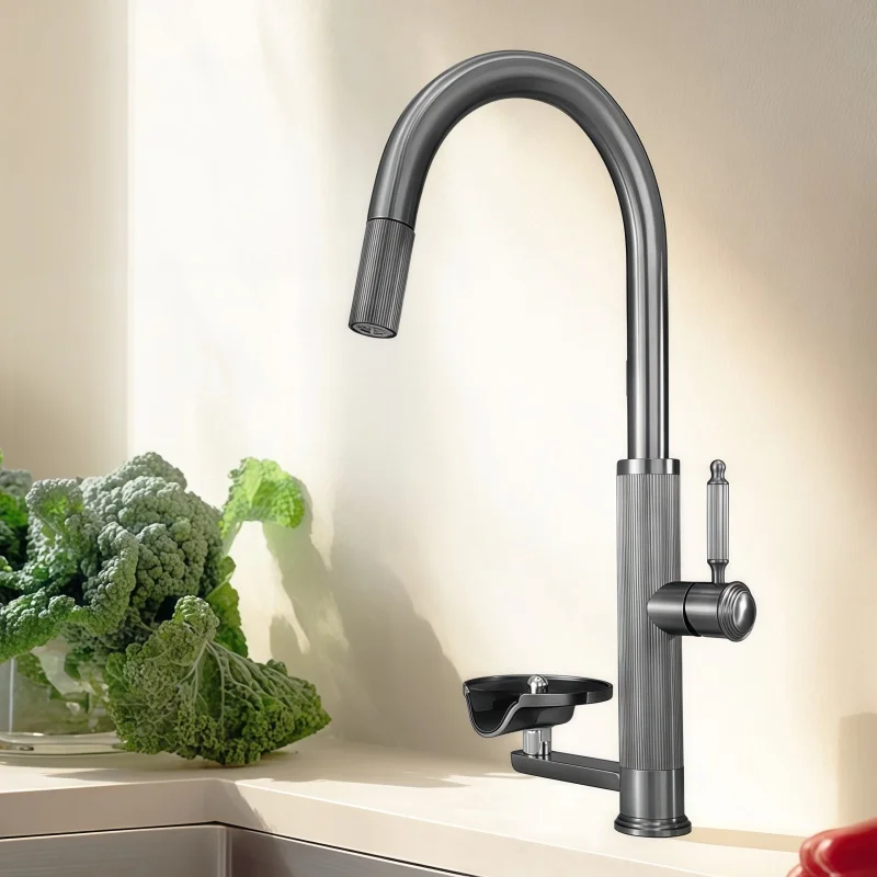 Stainless Steel Kitchen Hot and Cold Pull-Out Faucet with Built-in Cup Washer, Sink Faucet, Gun Gray Rotatable Faucet