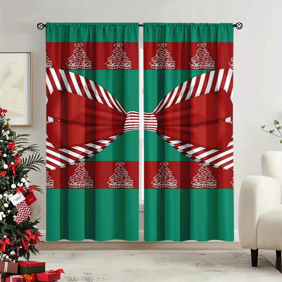 2PCS Christmas Winter Curtains, Green Red Stripe Red Bow Line Tree Winter, Digital Print, Bedroom Living Room, Home Decor