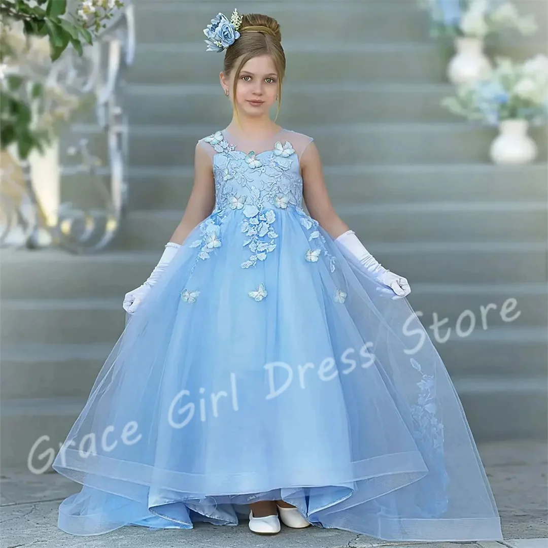 Customized Sky Blue Flower Girl Dress For Wedding Appliques Tulle With Train Sleeveless Elegant Kids Bridesmaid Birthday Gown