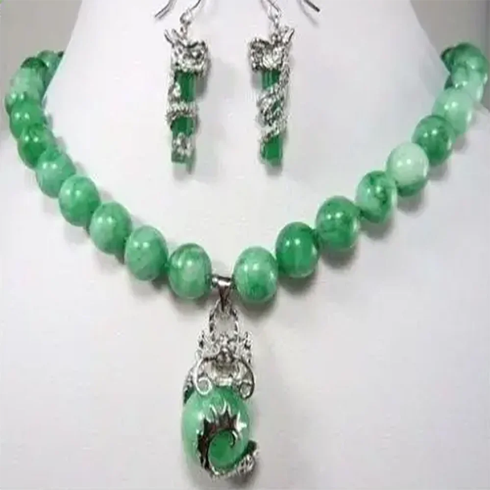 beautiful color green stone dragon pendant necklace earring