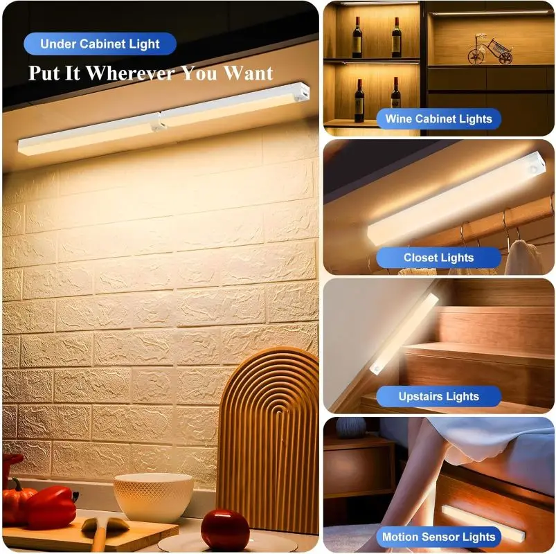 Luz LED con Sensor de movimiento para debajo del gabinete, lámpara de noche recargable inalámbrica para despensa, cocina, armario, escalera, 1/2/4