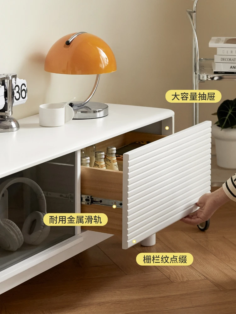 Solid Wood TV Cabinet Modern Living Room Sliding Door Storage Cabinet Cream Style White Wall Cabinet