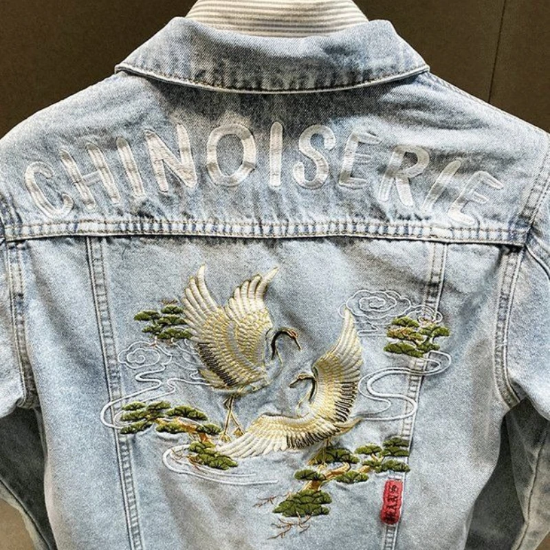 مع التطريز الدنيم الستر رجل النسيج رخيصة الثمن أنيق مطاطا روك اليابانية الرجعية الرجال سليم صالح كاوبوي معطف للرجال