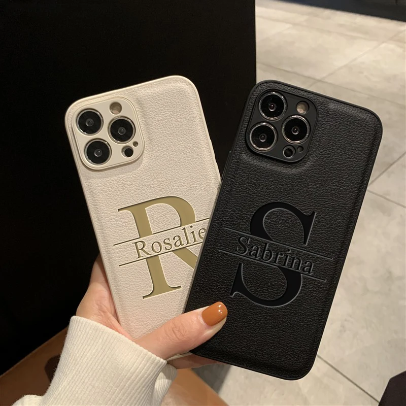 Personalisierte individuelle Initialen Namenshülle für iPhone 17, 16, 15, 14, 13, 12, 11, Pro Max Plus, großer Buchstabe, Lasergravur, Lederhülle – Detail 2