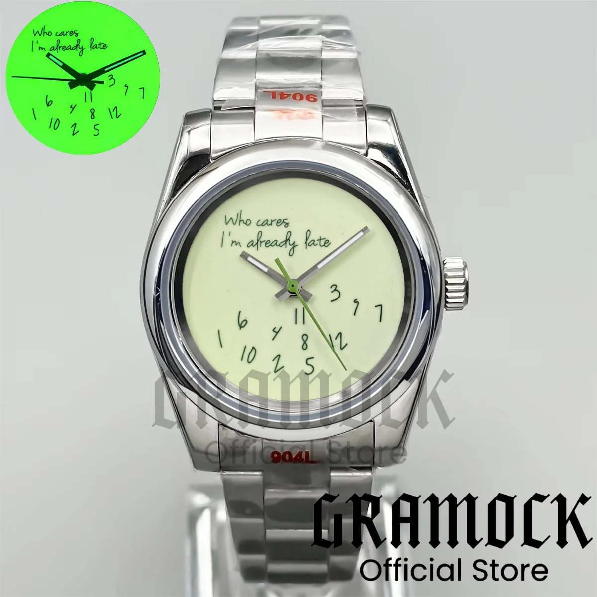 

Gramock 36mm White Dial For Who cares, I'm already late Full Luminous Dial Sapphire Glass Round Bezel 100m NH35 Mechanical Watch