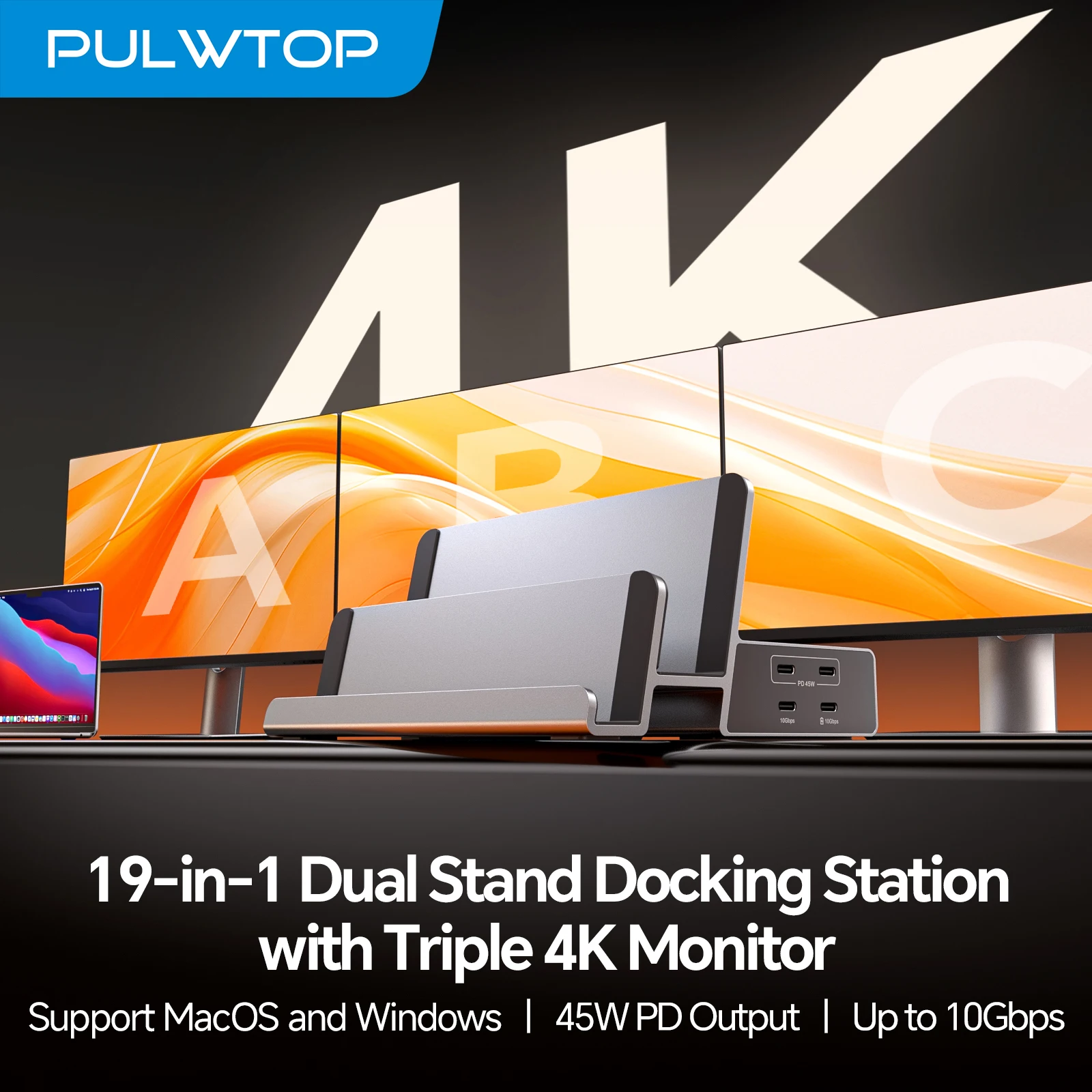 PULWTOP Laptop Docking Station 3 Monitor with Dual Stand, 100W PD, 3 HDMI + 2 DP 4K, USB A/C Data/Charging, USB-C PD, Ethernet