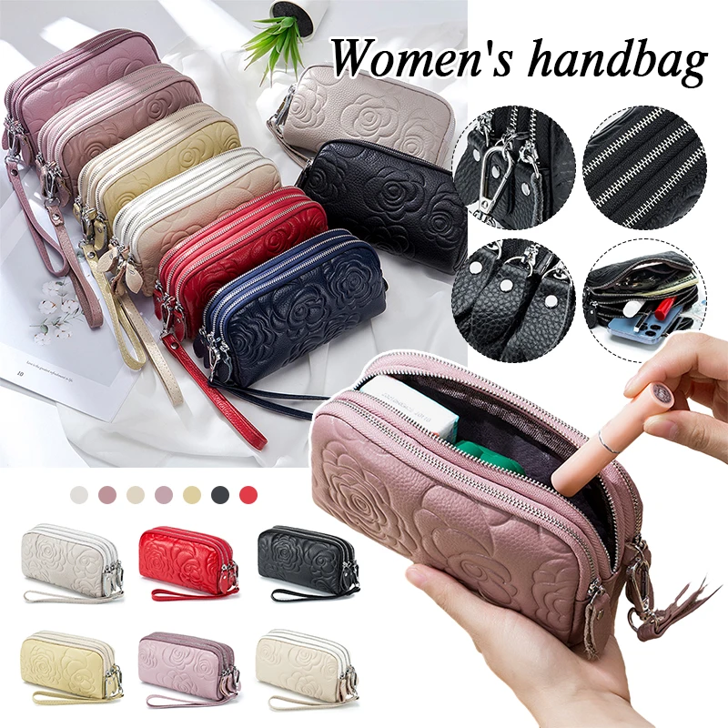 Women's Handbag 3 Layer Zipper Large Capacity Cowhide Phone Clutch Bag Wallet Pressed Pattern Leather Bag Fashion