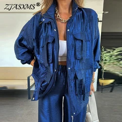 Jesienna kurtka damska w kolorze metalicznym w stylu retro Odzież wierzchnia Casual Lapel Button Zipper Office Top Cardigan Winter Long Sleeve Pocket Coat