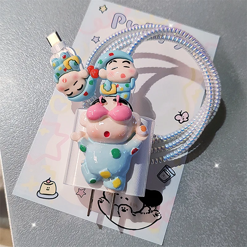 4 Stks/set Krijt Shin-Chan Data Kabel Beschermhoes 20W Voor Iphone 15 14 Kawaii Cartoon Anti-Fractuur Oplader Beschermhoes