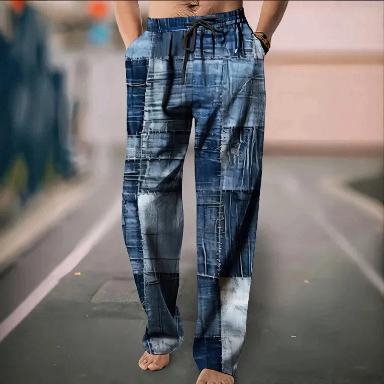 Retro Stitched Denim Splicing Texture AllOverPrint MensCasualPantsElasticDrawstringHighWaistLooseFitStreetDailyWearLong Trousers
