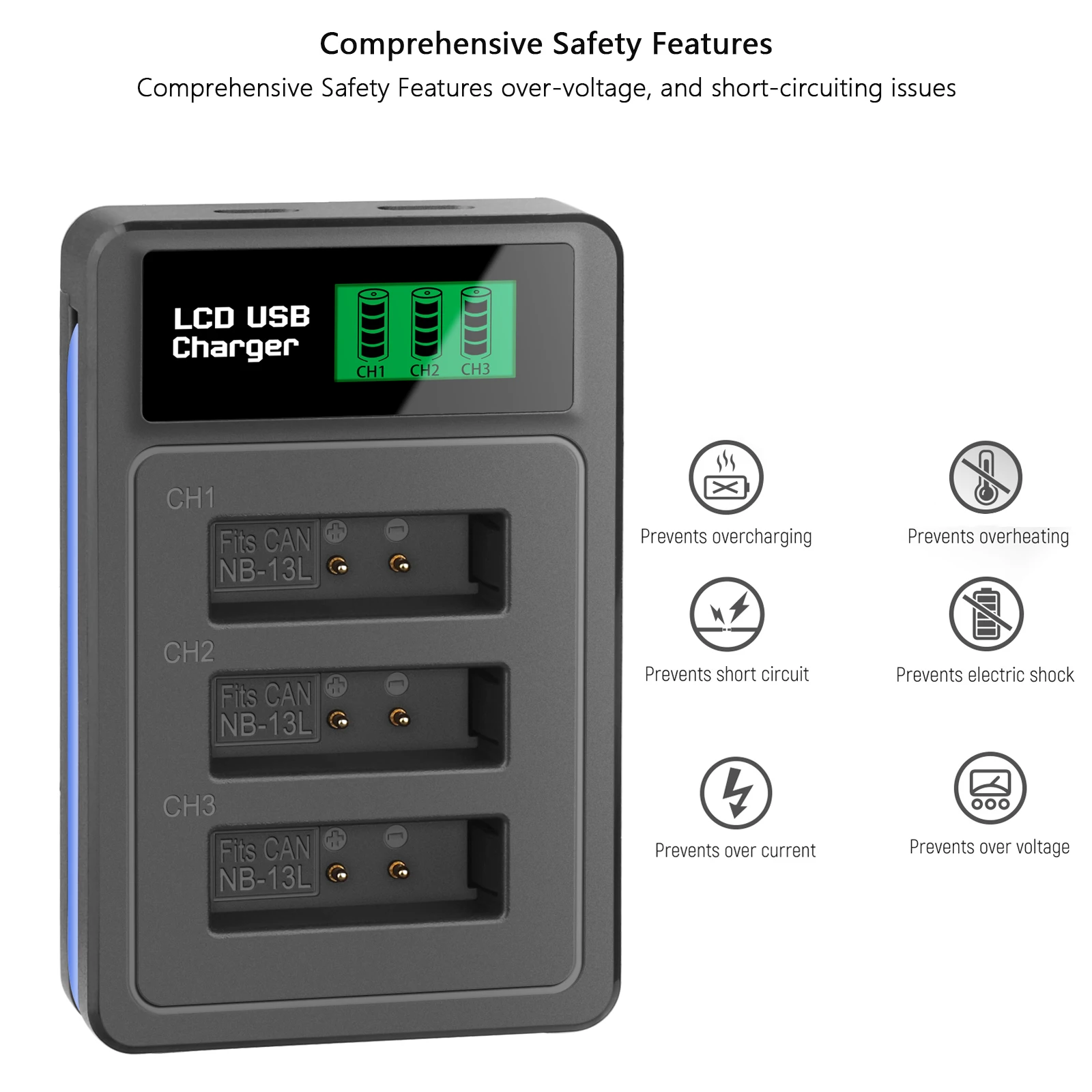NB-13L NB13L NB-13LH Batería de 1600mAh y LCD Cargador de 3 ranuras para Canon PowerShot G5X G7X G9X G7 X Mark II G9 X,SX620 SX720 SX730
