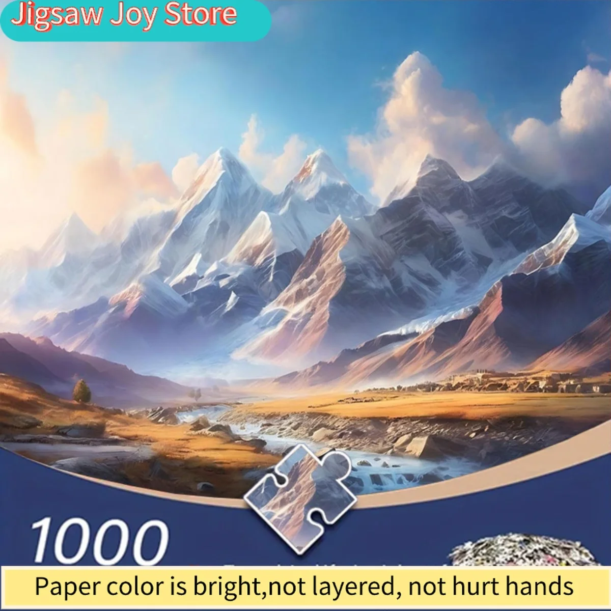 

1000pcs Extra Large Jigsaw Puzzle - Himalayan Mountains Landscape with Snow-Capped Peaks, Glowing Sunset Colors, Red-Roofed Vi