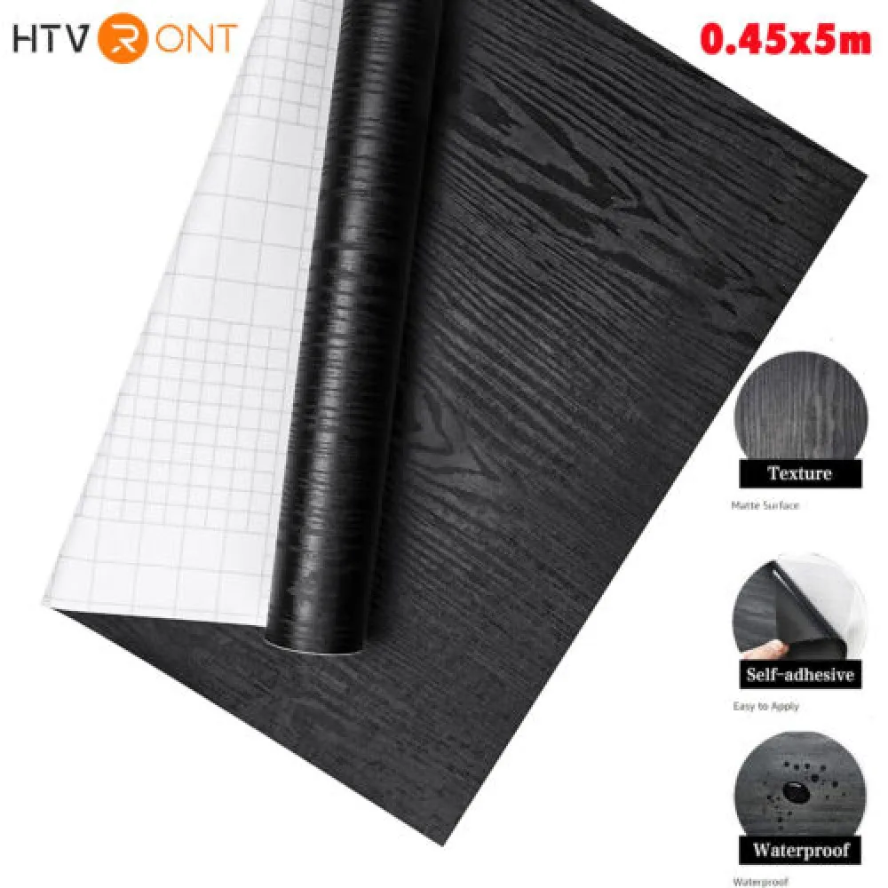 HTVRONT 0.45mX5m Black Wood Wallpaper Stick Black Countertop Contact Paper for Cabinets Removable for Shelves Bedroom Walls