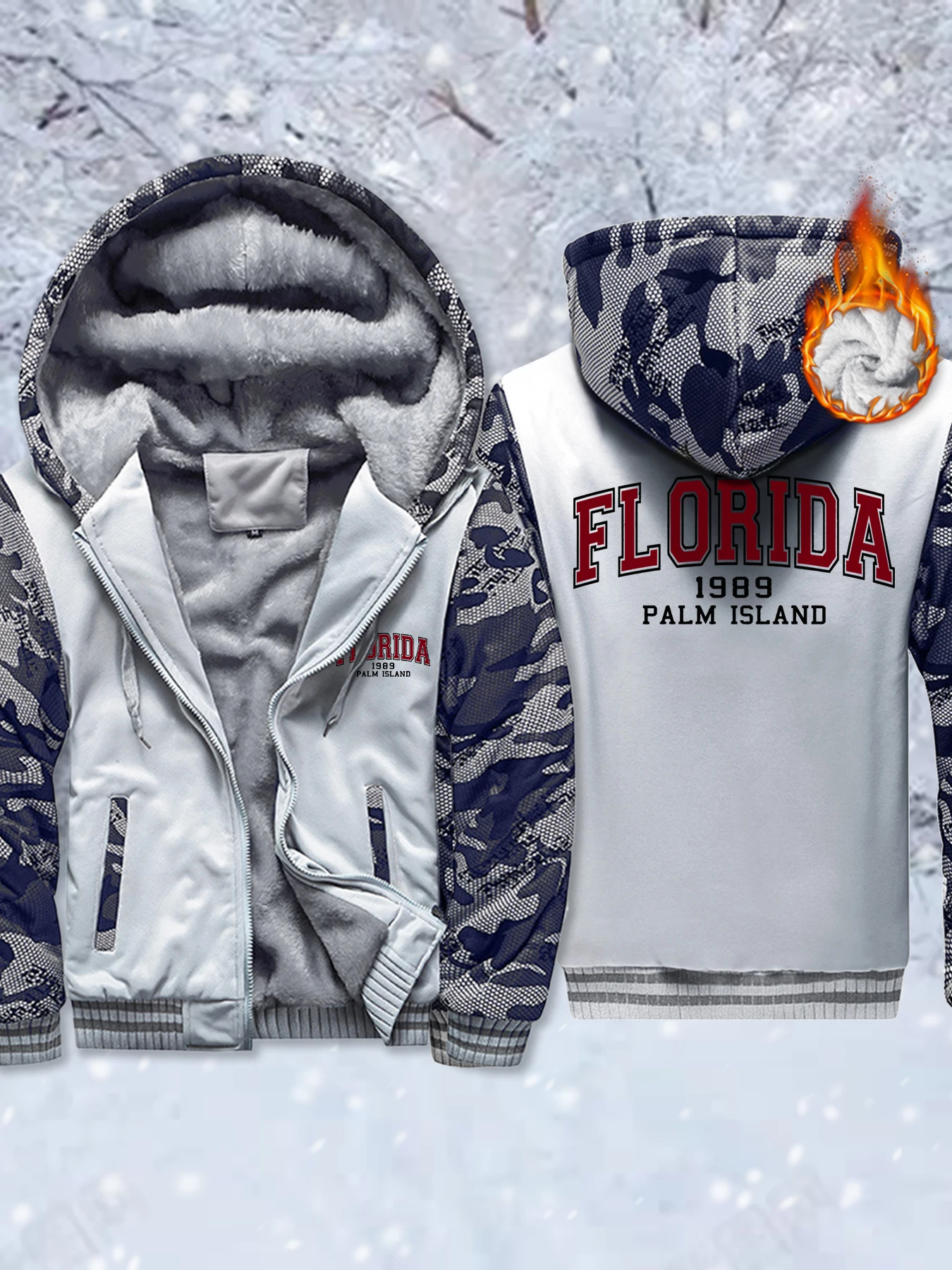

Florida 1989 Palm Island Printed Winter Man'S Hooded Jacket Fashion Hoodies Zipper Thick Hoodie Casual Soft Warm Pullover