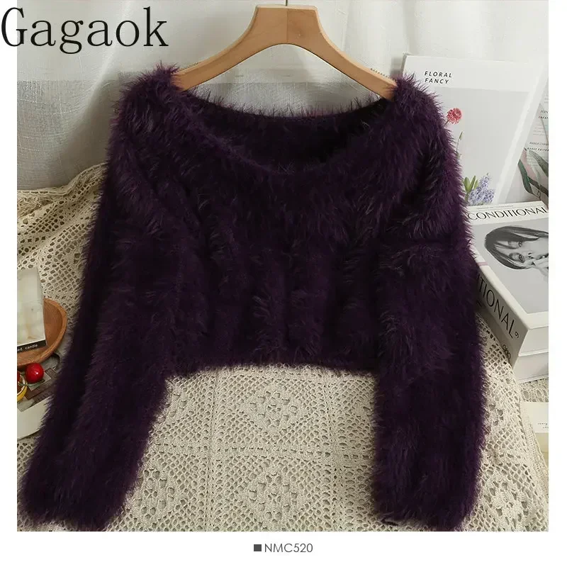 Gagaok suéter mujer Otoño Invierno nuevo suave corto cuello pico sólido suéter de punto ropa informal suelta moda jerseys salvajes